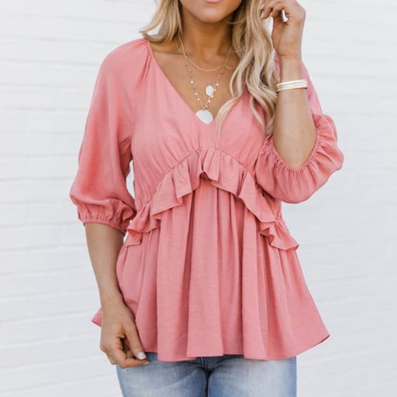 Lime 'N' Chili Solid Ruffled Deep V-Neck Puff Sleeve Babydoll Top main image 1